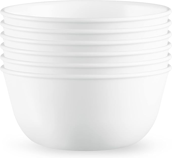 Corelle Vitrelle 28-oz Soup/Cereal Bowls Set of 6 Chip & Crack Resistant Dinnerware Bowls for Soup, Ramen, Cereal and More, Triple Layer Glass, Winter Frost White