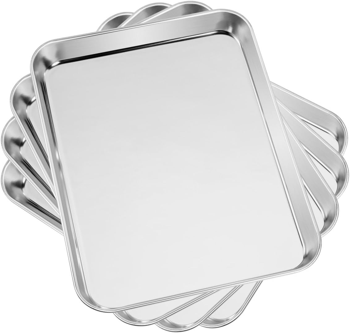 Baking & Cookie Sheets Set of 4, Yododo Stainless Steel Compact Toaster Oven Pan Tray Ovenware Professional, Size 10.23 x 8.26 x 1 inch, Heavy Duty, Deep Edge, Superior Mirror Finish, Dishwasher Safe
