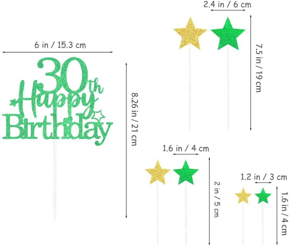Glittery 30th Happy Birthday Cake Topper with Star,Personalised 30 Birthday Cake Toppers Party Decorations Party Supplies for Boys Girls Green Gold