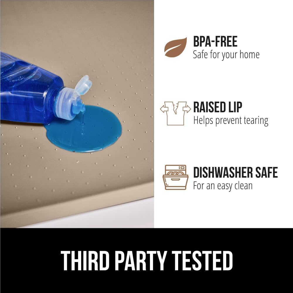 GORILLA GRIP Waterproof Silicone Under Sink Mat with Raised Lip for Kitchen and Bathroom, 34 x 22 in, Cabinet Shelf Liner Stay in Place Mats Dishwasher Safe Drawer Liner, Organizer Tray, Beige