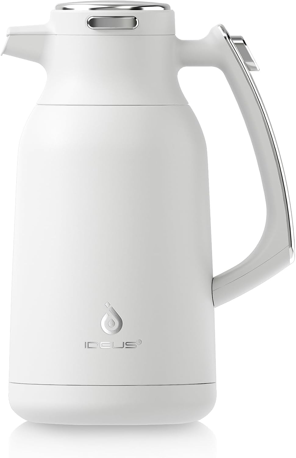 IDEUS Thermal Coffee Carafe 68oz (2,000ml), Stainless Steel Double Wall Insulated Vacuum Flask, Water Jug Coffee Server and Beverage Dispenser, Heat and Cold Retention (White-Silver, 68oz (2,000ml))