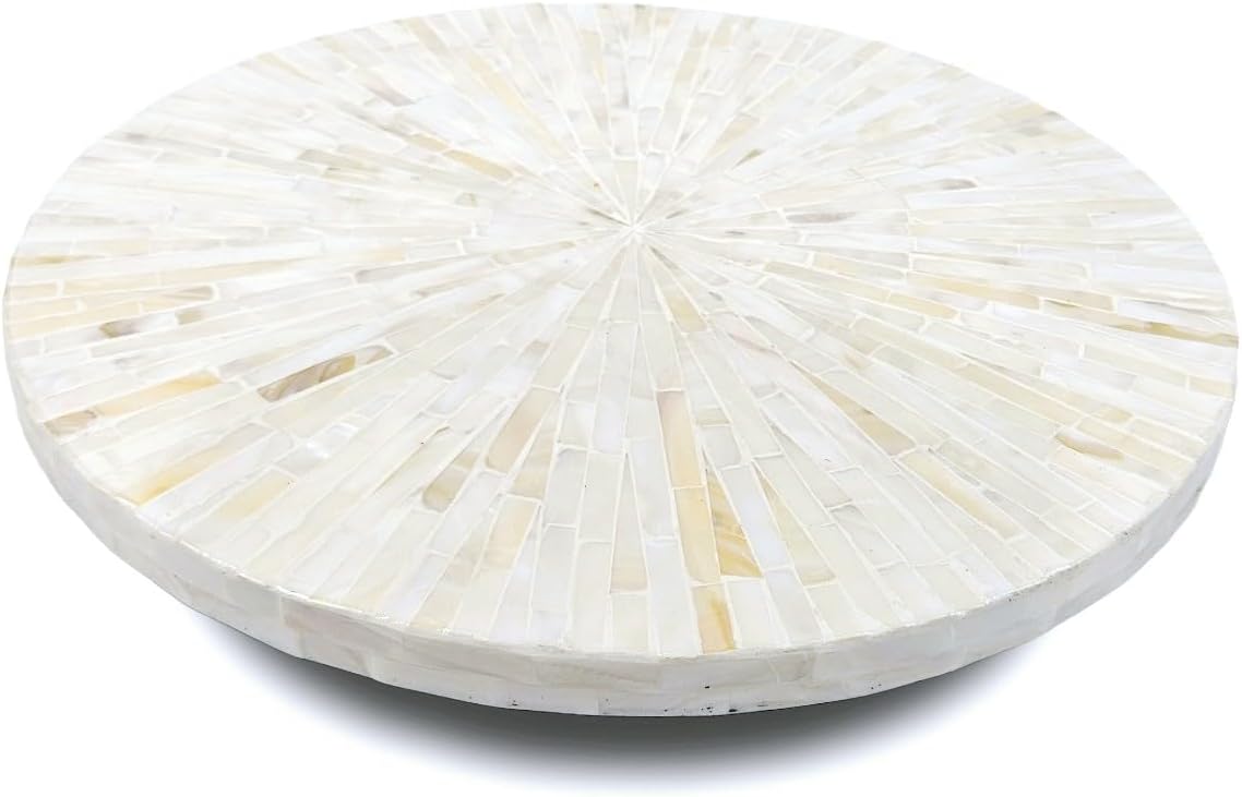 PEMAR PEMAR Mother of Pearl Lazy Susan Turntable – 12.6″ Decorative Wooden Rotating Tray Countertop Organizer (White Cream Sunlight/Starburst Pattern)