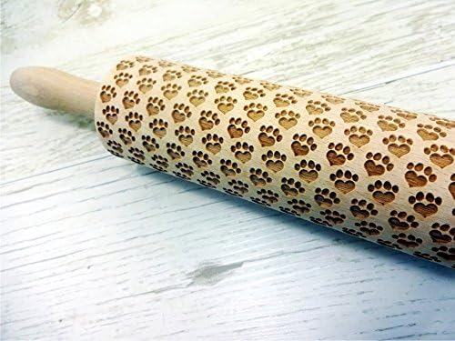 Rolling pin PAW-HEARTS. Wooden embossing rolling pin with paw pattern. Embossed cookies. Pottery. Birthday gift. Dog cat pet lover