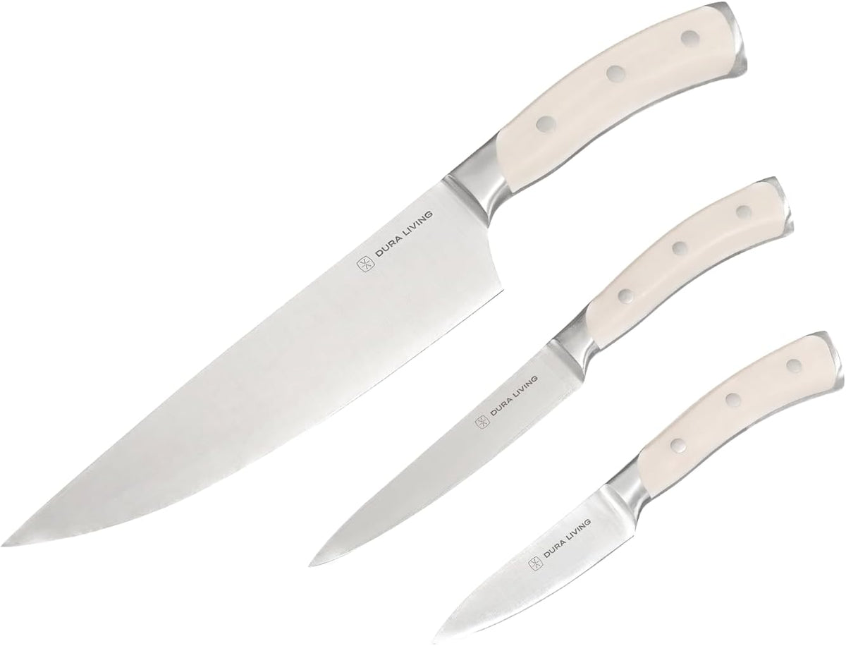 3-Piece Kitchen Knife Set – Ultra-Sharp German Stainless Steel, 8” Chef, 5” Utility, and 3.5” Paring Knives with Ergonomic Handles, Multipurpose Kitchen Knife Set, Clear