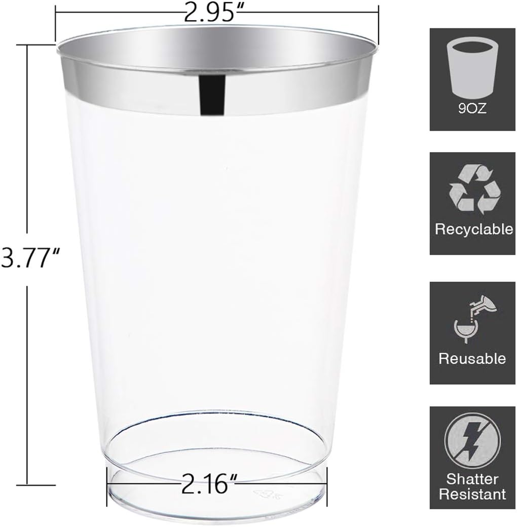 I00000 200pcs Silver Disposable Plastic Cups 10 oz Clear Old Fashioned Tumblers With Silver Rim - Fancy Wedding Party Cups, Elegant Wine Glasses, Cocktail Tumblers