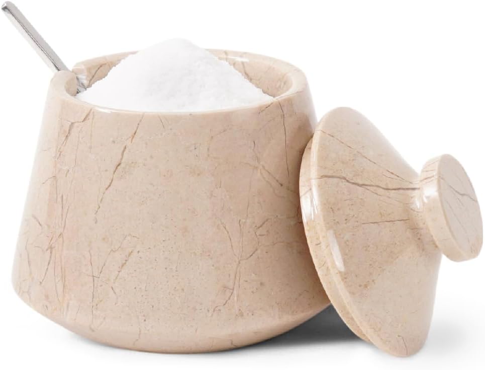 Marble Salt Cellar 4" Inches Salt Jar, Verona Natural Stone Spice and Flaky Salt Holder with Lid For Kitchen Storage, Decorative Brown Sugar Keeper