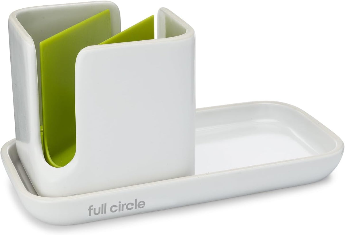Full Circle Stash, Ceramic Kitchen Sink Caddy, Stylish Modular Sponge Holder & Dish Brush Organizer, Green and White, 11"
