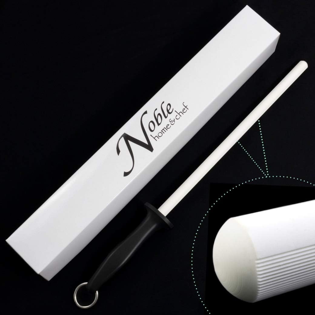 Professional 11.5 Inch Ceramic Honing Rod Has 2 Grit Options, a Firm-Grip Handle, Hanging Ring, and Japanese Ceramic. Noble Home & Chef Sharpening Rods are Perfect for Chefs! (White, 1000/2000 Grit)