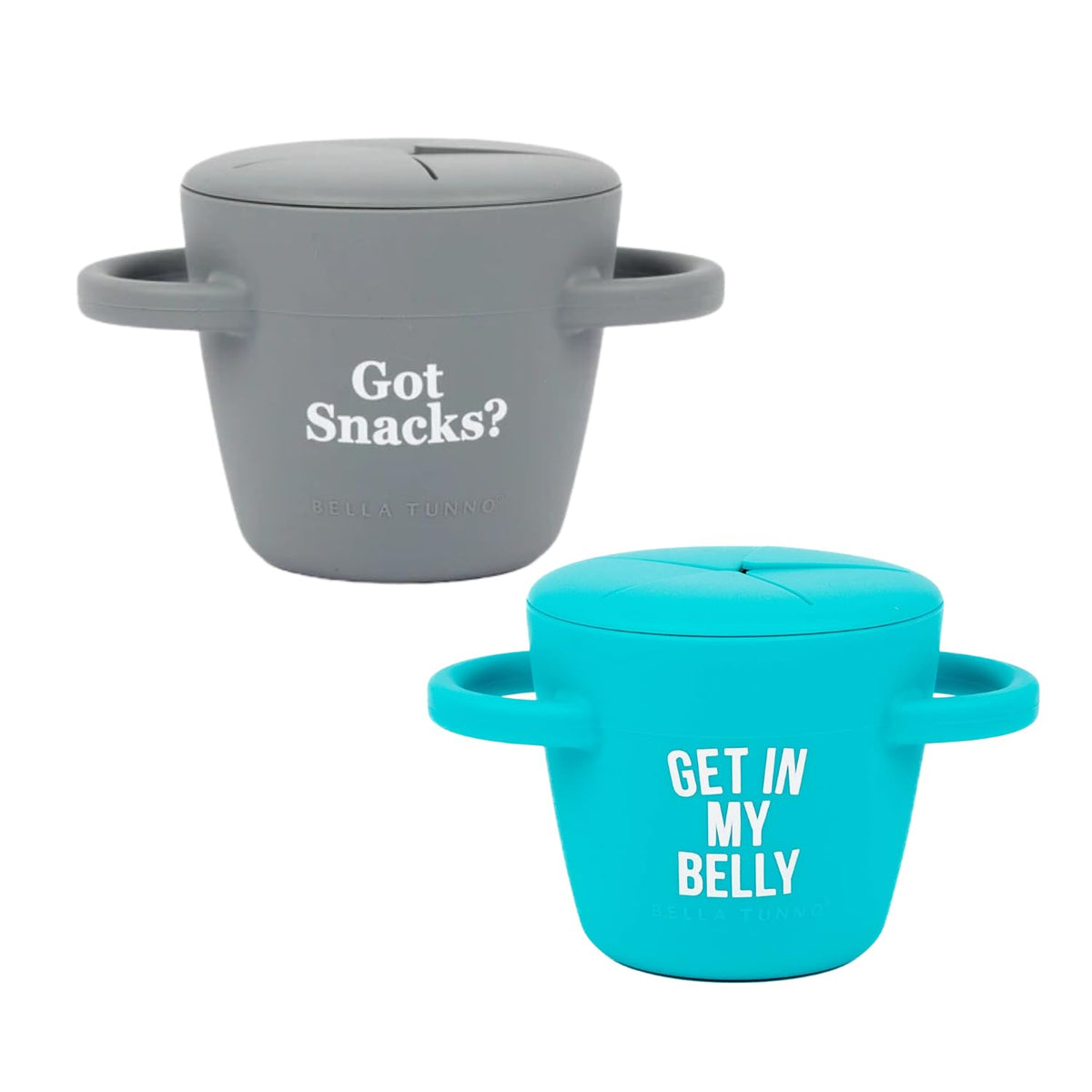 Snack Cups for Toddlers by Bella Tunno, Set of 2 Silicone Spill Proof Food Containers with Lids, Babies & Kids 6-12 Months, Got Snacks & Get in My Belly