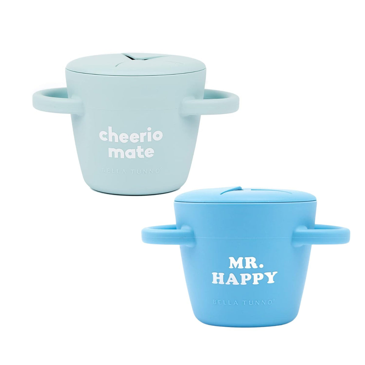 Snack Cups for Toddlers by Bella Tunno, Set of 2 Silicone Spill Proof Food Containers with Lids, Babies & Kids 6-12 Months, Mr. Happy & Cheerio Mate