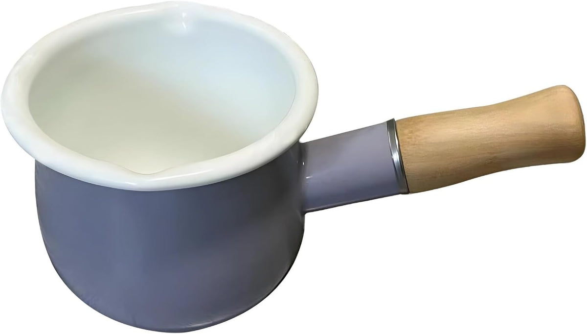 Mini Enamel Milk Pot, Mini Enamel Pot with Wooden Handle, Cute Purple Cookware for Sauce Soup, Dual Spouts Easy Pouring
