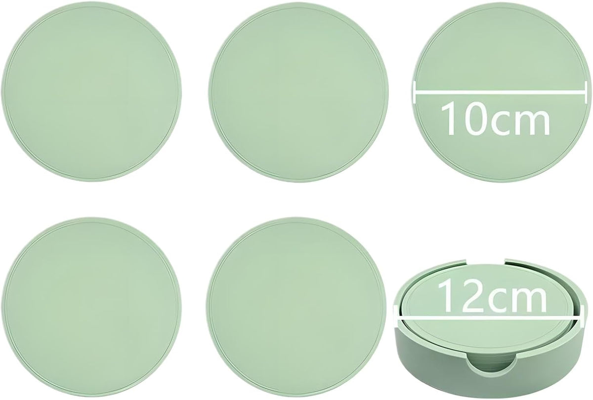 5-Piece Silicone Coasters Set with Holder - 3.9“ Non-Slip & Anti-Overflow Design for Hot/Cold Drinks | Thickened Kitchen & Living Room Decor, Housewarming Gifts for Men (Coffee, Beer, All Cup Types)