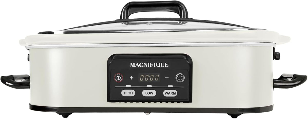 MAGNIFIQUE Small 4 Quart Casserole Programmable Slow Cooker with Ceramic Baking Dish - Perfect Kitchen Small Appliance for Family Dinners, Oven Safe and Durable Bakeware for Lasagna, Roasts (White)