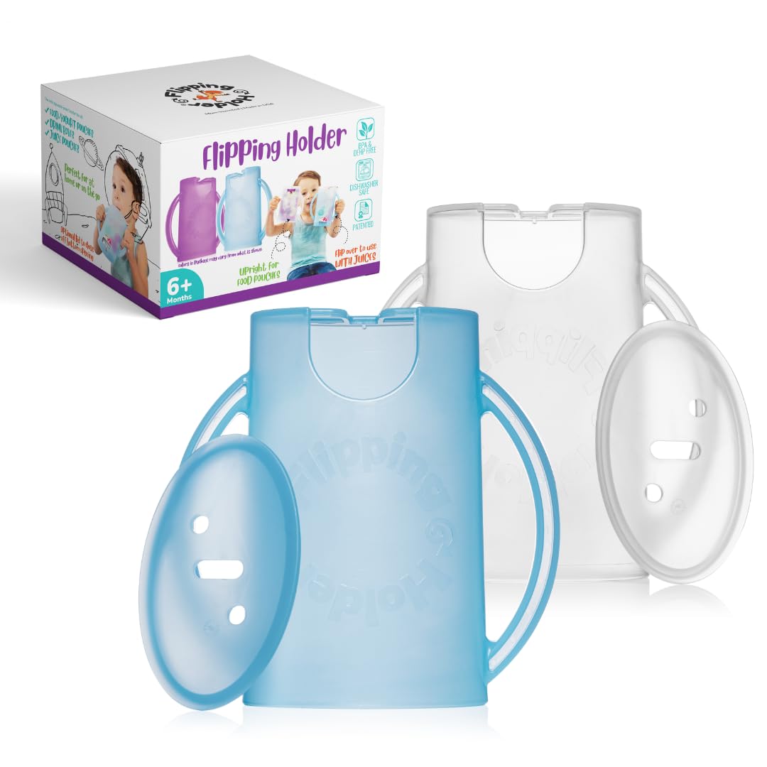 Squeeze Proof Food Pouch Holder for Toddlers, Babies, Kids, Mess Free No Squeeze Juice Box Drink and Applesauce Snack Holder with Easy Grip Handles and Lid