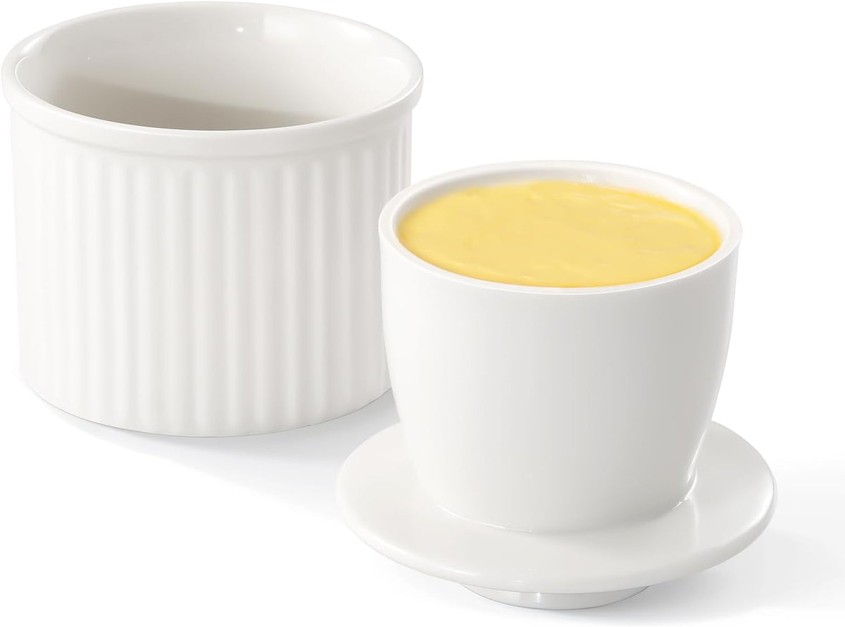 Large Butter Crock Bell for Counter with Water Line, Butter Keeper, Ceramic French Butter Dish Holder for Fresh Spreadable Soft Butter (White, 7.8 Ounce)