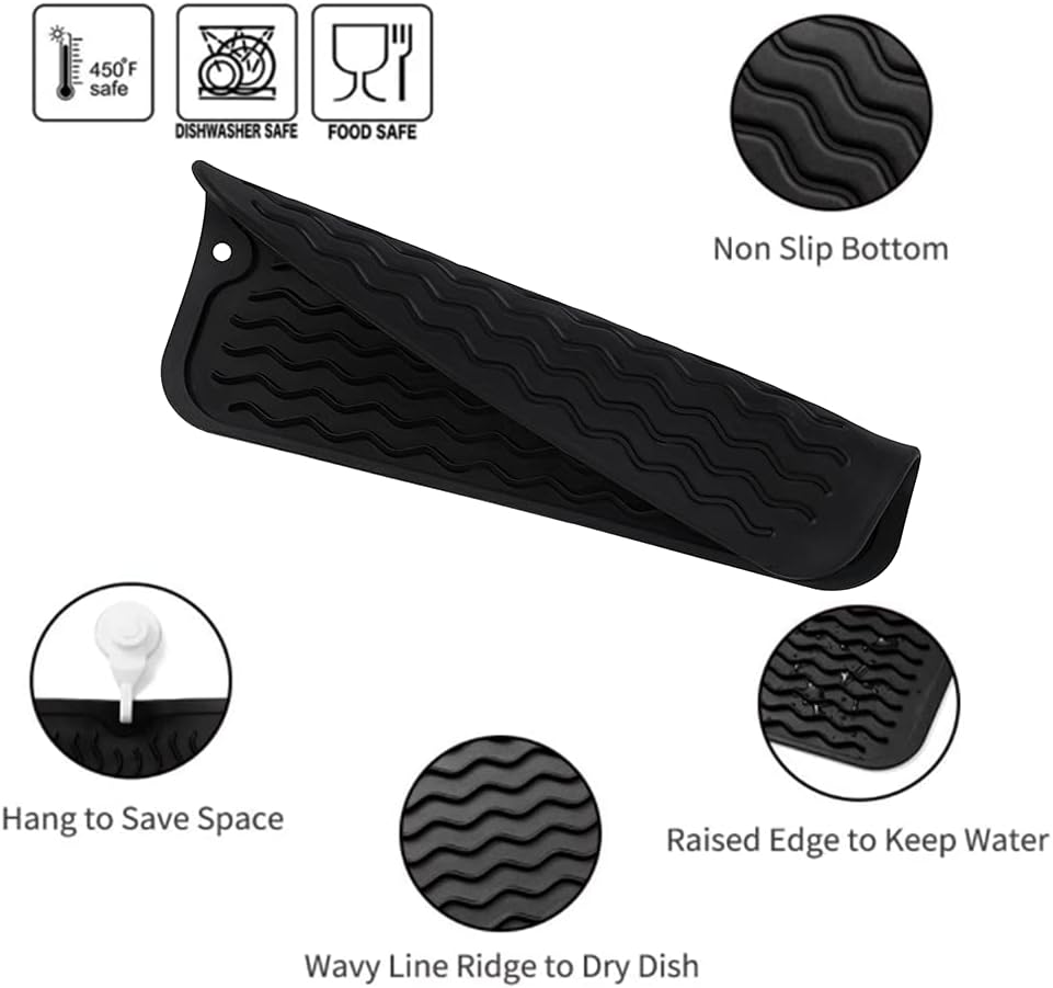 Silicone Dish Drying Mat for Multiple Usage,Easy clean,Eco-friendly,Heat-resistant Silicone Mat for Kitchen Counter or Sink,Refrigerator or Drawer Liner Black S 12 inches x 6 inches