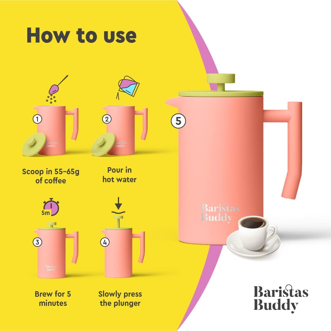 Cute Pink French Press Coffee Maker - Colorful, Retro And Stylish Insulated Coffee Brewer - Large Size Brews 4 Cups