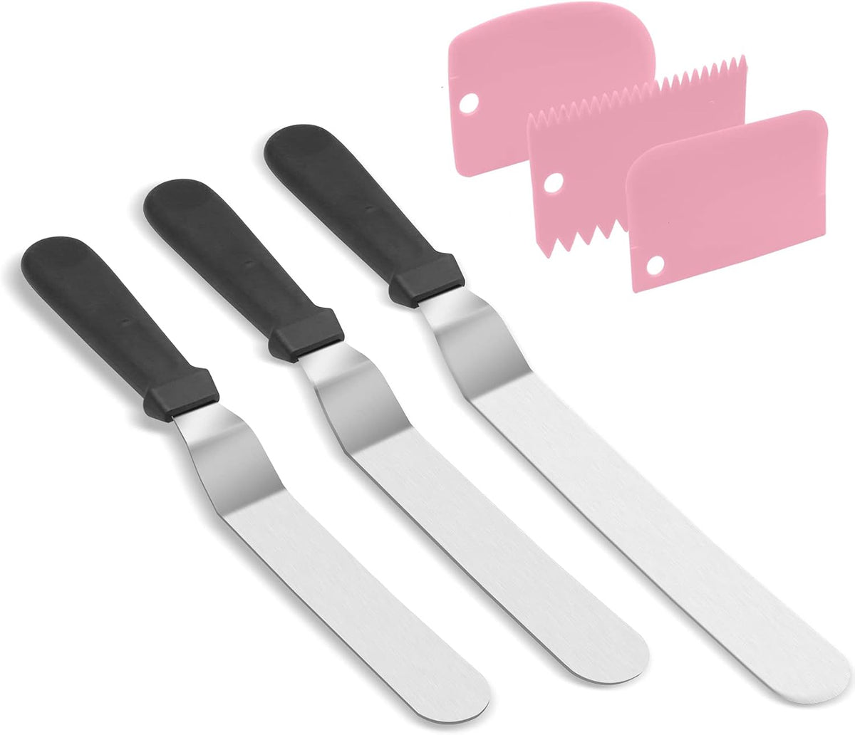 Offset Spatula Set with 3 Packs Cake Scrapers Smoother, Stainless Steel Angled Icing Spatula Cake Decorating Frosting Spatula Set with 6, 8, 10 inch Blades