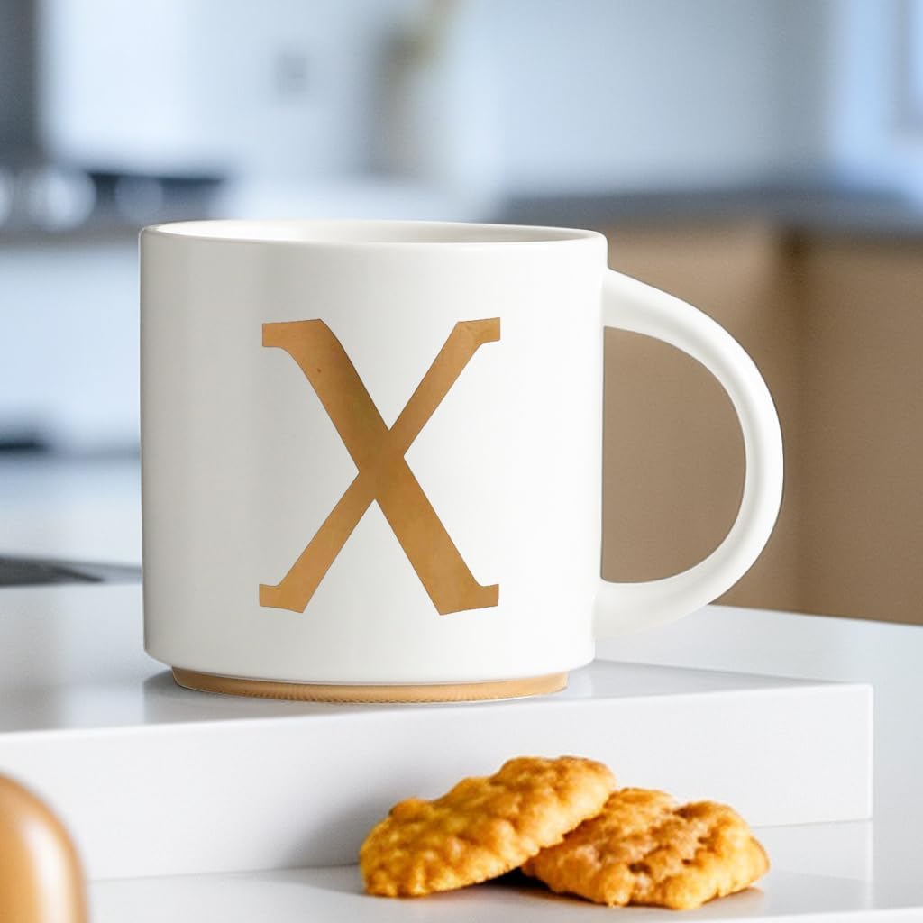 COLLECTIVE HOME - Monogram Ceramic Mugs, 15 oz Golden Initial Coffee Cups, Elegant Alphabet Tea Mugs, Elegant Personalized Mug with Gift Box, Unique Mug with Double Side Capital Letter (X)