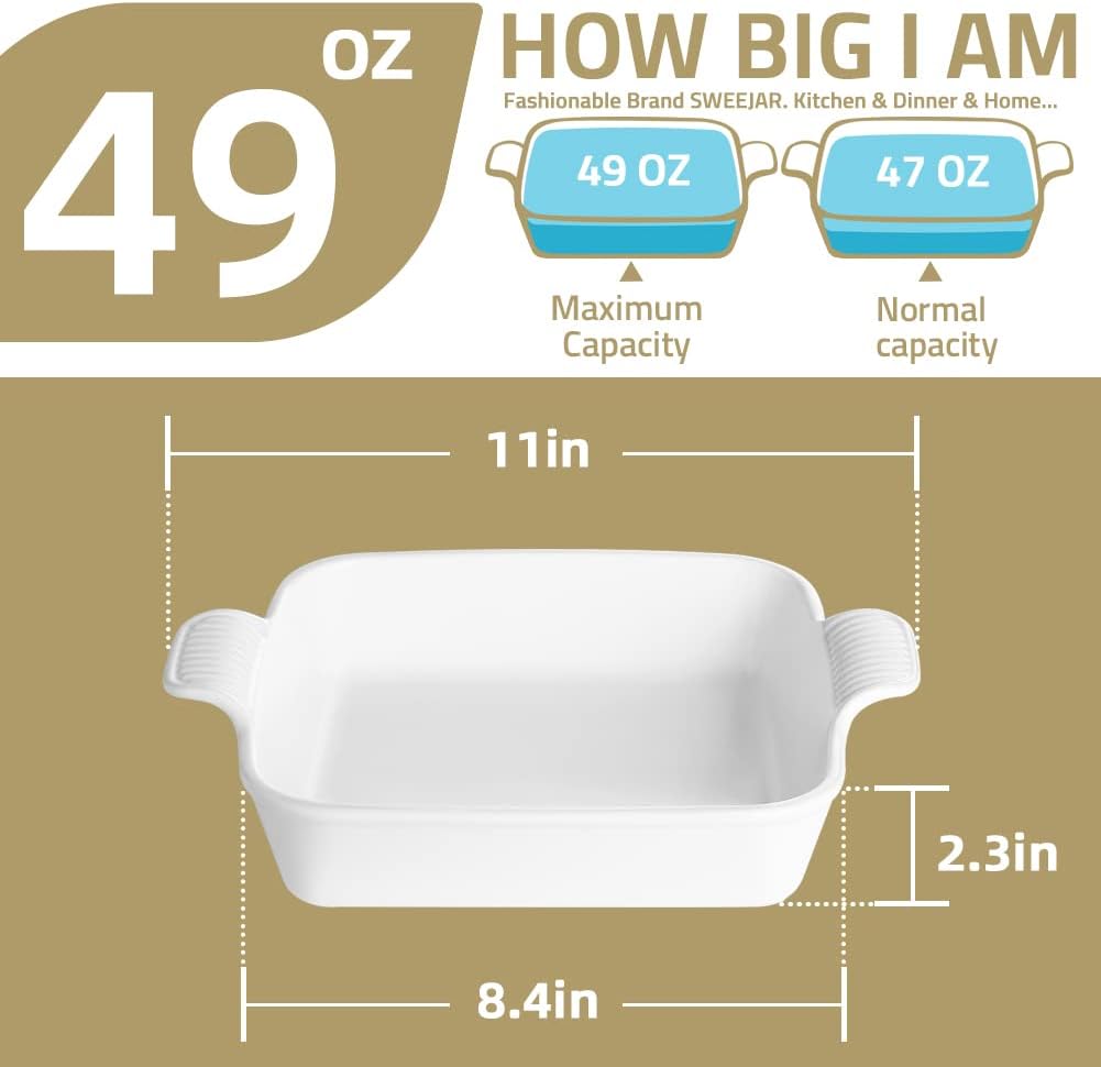 Sweejar Ceramic Baking Dish, 8 x 8 Cake Baking Pan for Brownie, Porcelain Square Bakeware with Double Handle for Casserole, Lasagna, Family Dinner (Navy)