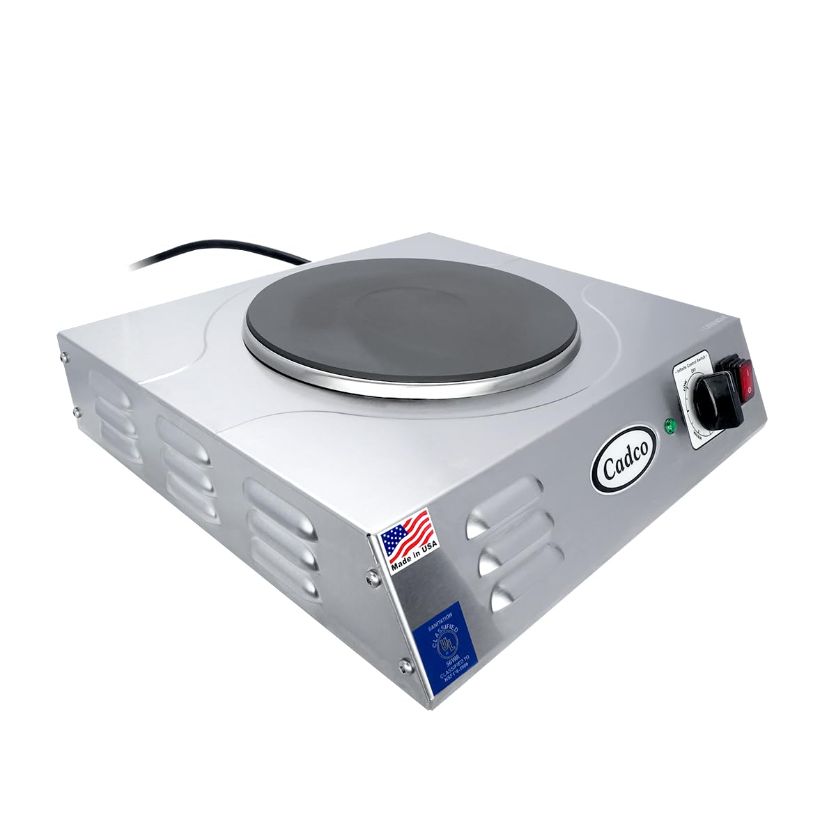 Cadco LKR-220 15-1/2" Electric Portable Countertop Hot Plate, (1) Cast Iron Burner for Restaurant Hotel Food Truck Concession Kiosk, Stainless Steel, 220v