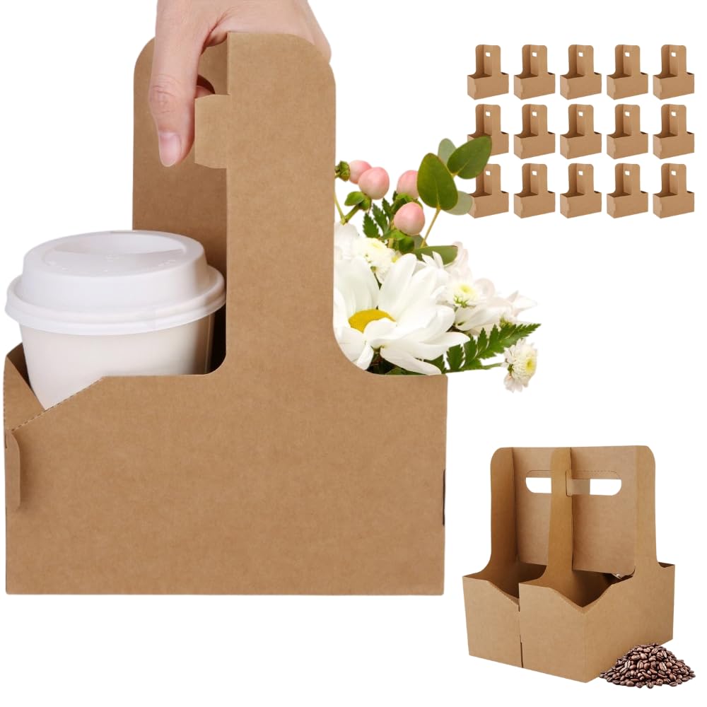 Bodaon 2 Cup Drink Carrier with Handle, 15 Pcs Cardboard Cup Holders, Disposable Drink Carriers for Delivery, Kraft Paper Coffee Cup Holder to Go, Take Out Cup Carriers for Hot/Cold Drinks