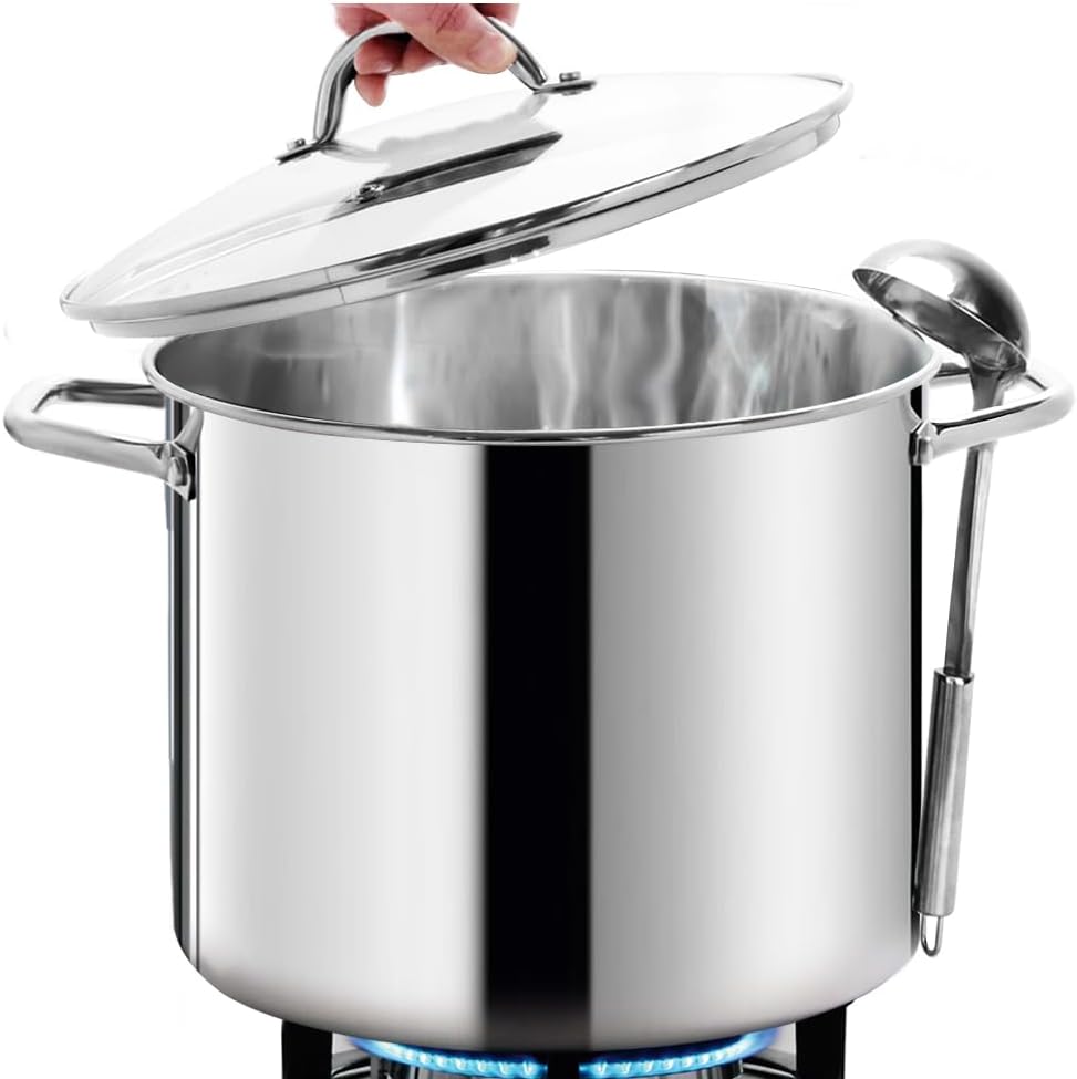 HOMICHEF 16 Quart LARGE Stock Pot with Glass Lid - NICKEL FREE Stainless Steel Healthy Cookware Stockpots with Lids 16 Quart - Mirror Polished Induction Pot - Commercial Grade Soup Pot