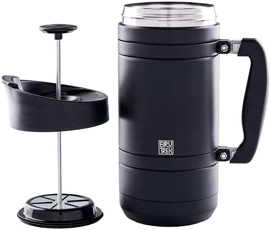 BaseCamp Coffee Press - Double Wall Insulated Stainless Steel - Bru-Stop Technology, No Grounds in Coffee, No Spill Lid (Obsidian, 48 fl.oz)