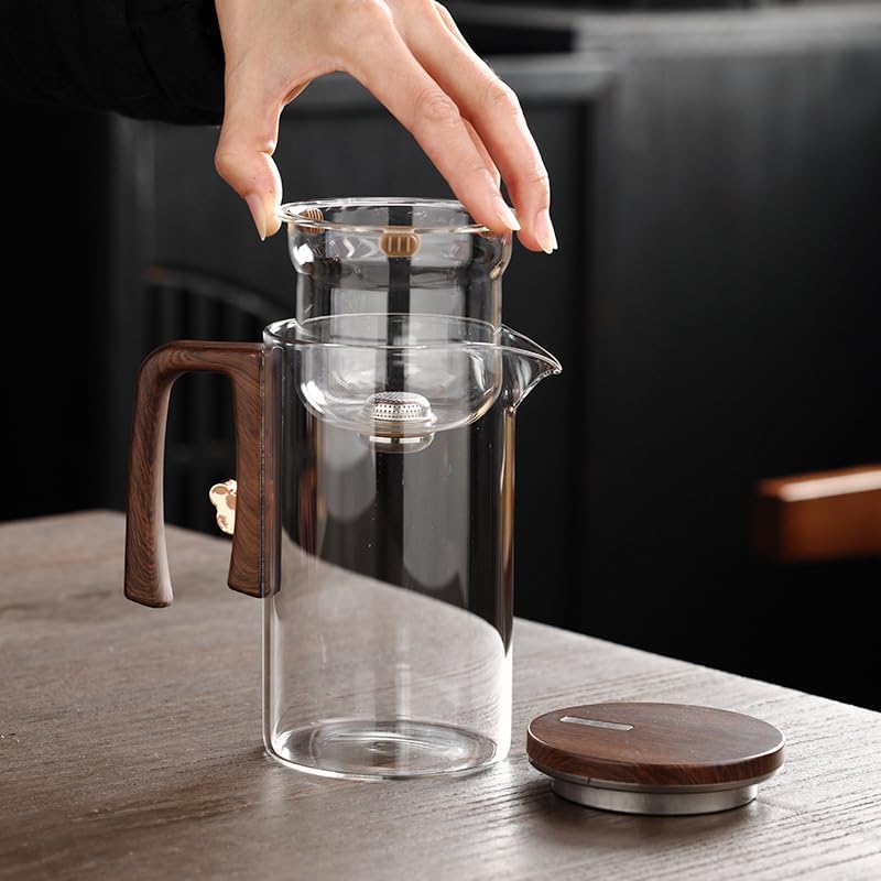 Enchanti Magic Tea Pot, 720ML Water Separation Glass Teapot with Wooden Handle, Press Control Enchanti Tea Infuser with Strainer for Loose Tea Witchcraft Tea Kettle