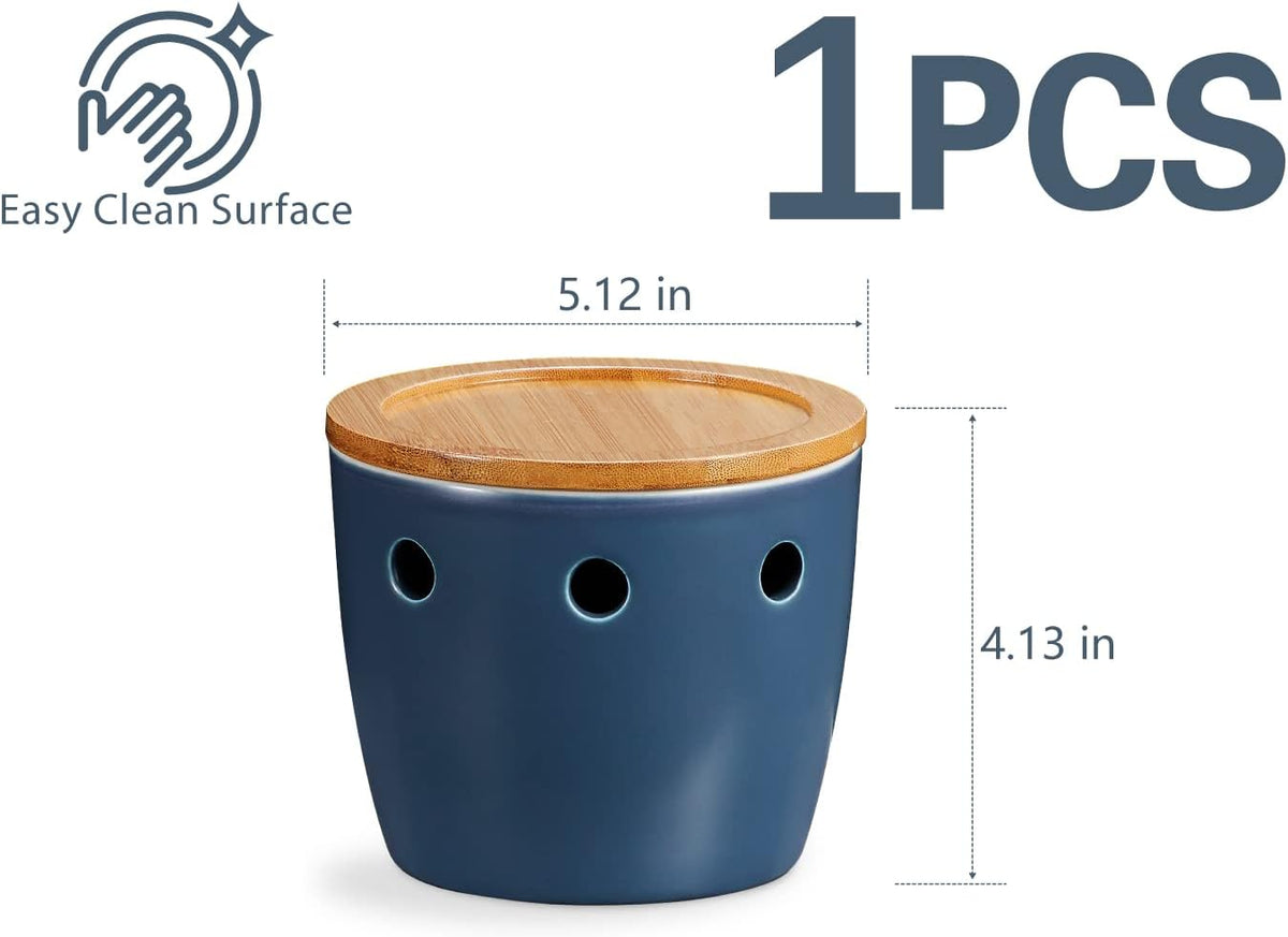 ONEMORE Large Garlic Keeper with Lid, Ceramic Garlic Saver 5 inch, Garlic Keeper for Counter, Blue