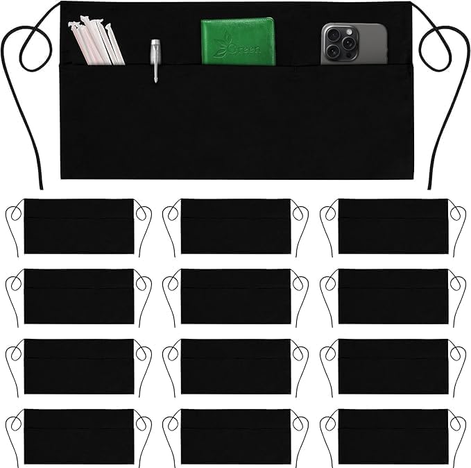 GREEN LIFESTYLE Server Aprons with 3 Pockets - Waist Apron, Waitress Apron for Women and Man, Water Resistant with Long Waist Strap Reinforced Seams, Half Apron (24 Pack - Black)