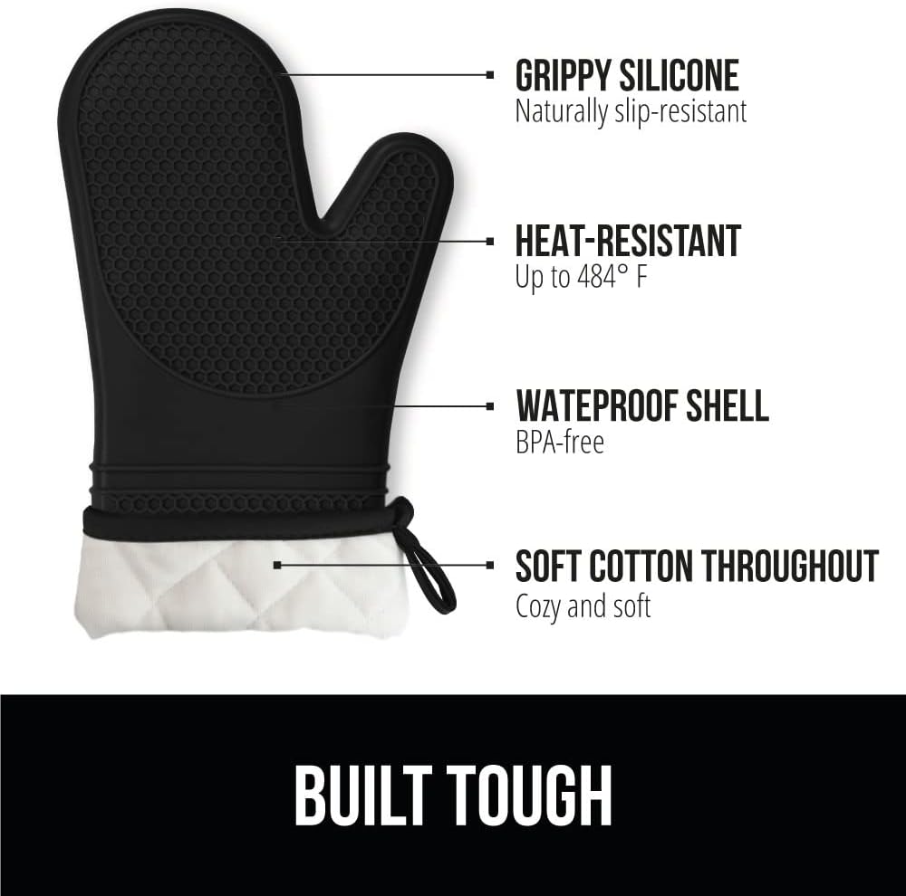 GORILLA GRIP BPA-Free Soft Silicone Oven Mitts, Heat Resistant and Waterproof Cooking Gloves, Thick Cotton Lining, Flexible Gripping for Baking Grilling, Kitchen Potholders Set of 2, 12.5x8.3, Black
