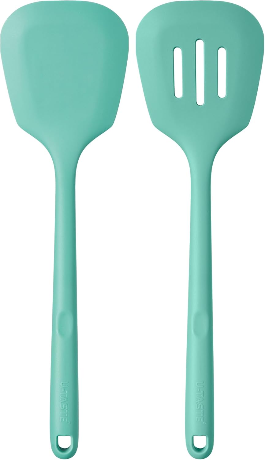 U-Taste 600ºF Heat Resistant Silicone Turners: 13.6in Long Solid & Slotted Kitchen Spatula Flipper, Wide and Large Flexible Cooking Utensil for Flipping Egg, Pancake, Cookie (Aqua Sky, 2PCS)