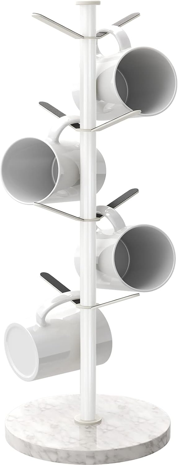 Mug Holder Tree with Marble Base, 8 Hooks White Coffee Cups Holder Stand, New Upgrad Stable Removable Mug Rack for Kitchen Cafe
