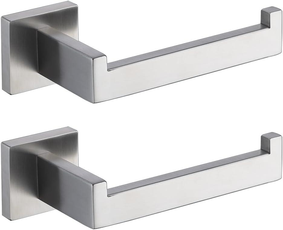 TASTOS Toilet Paper Holder Brushed Nickel 2 Pack, Toilet Tissue Roll Holders Dispenser and Hangers Wall Mounted for Bathroom & Kitchen, Stainless Steel Modern Square Style (Silver)