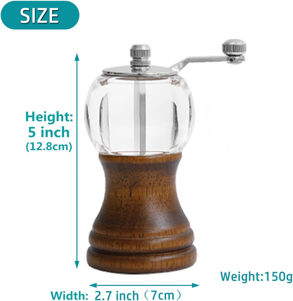 Pepper Mill Set，Manual Pepper Mills, Classical Roast Black Manual Pepper Grinder Set，Hand Shake Salt Mill，Retro Wood， Acrylic，Ceramic Blades,Enjoy Fresh Pepper Spices (Walnut color 2pcs-5in)
