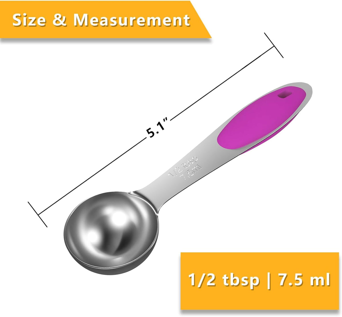 1PCS 1/2 Tbsp(1.5tsp, 1/4oz, 7.5ml) Single Measuring Spoon with Pink Silicone Grip, Stainless Steel Individual Measure Scoop Only
