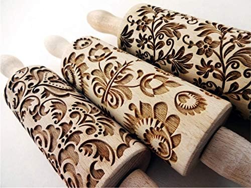 FLOWERS 3 Kid Rolling Pin Set with Damask, Folk and Floral Wreath Patterns. Wooden Laser Cut Mini Rolling Pins for Cookies, Play Dough, Salt Dough or Clay by Algis Crafts