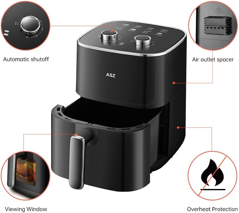 ASZ 5qt Air Fryer Compact Knob Black for dorm office - 4.7L Airfryer with Window 1400W Visual Basket - Non-Stick Pan, Manuel Control Max 60s Timer & 400℉ Kitchen Airfry Countertop Gift