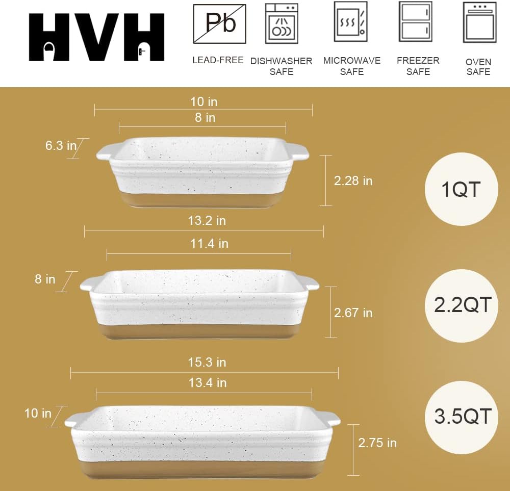 HVH Baking Dish Set, 9x13 Baking Dish, Large Casserole Dish Set, Ceramic Lasagne Pan Deep, Baking Dishes for Casseroles 13 x 9, Ceramic Bakeware Set of 3, Farmhouse Style (White)
