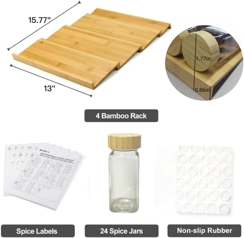 Spice Drawer Organizer with 24 Bamboo-lidded Spice Jars and 216 Labels,Non-slip Rubber, Bamboo 4 Tier Spice Racks Tray Seasoning Containers for Kitchen Drawers,Cabinets,13" Wide * 15.8" Deep