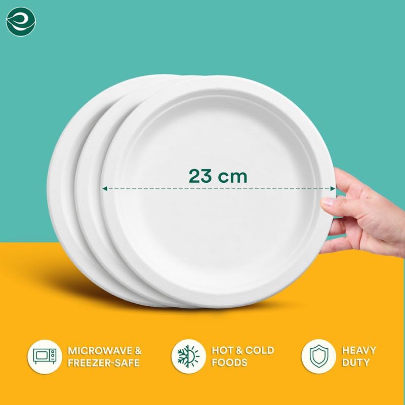 ECO SOUL Pearl White 9 Inch 200 [2x100 Pc] Paper Plates | 100% Compostable Disposable Bagasse I Heavy Duty Eco-Friendly Dinner Plates I Biodegradable Plates