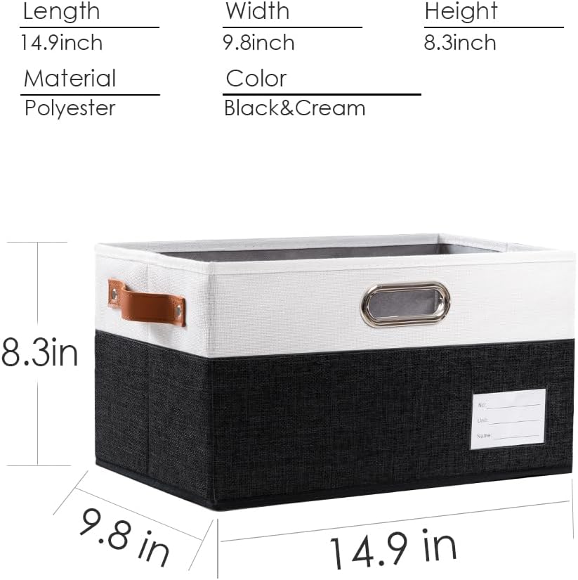 PRANDOM Foldable Storage Bins with Handles [3-Pack] Fabric Collapsible Storage Boxes Baskets Cubes Containers with Handles for Closet Living Room Bedroom (Black & White 14.9x9.8x8.3'')
