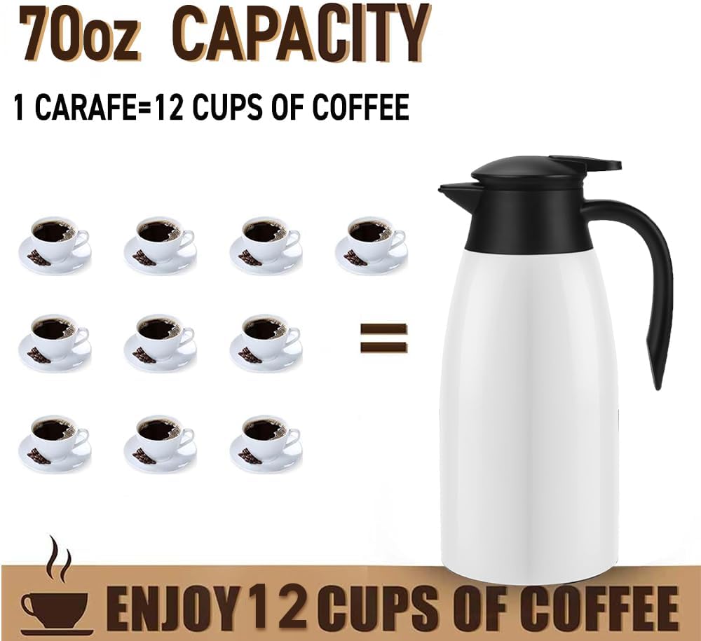 70oz Coffee Carafe Airpot Insulated Coffee Urn Stainless Steel Vacuum Thermal Pot Flask Dispenser for Coffee, Hot Water, Tea, Hot Beverage - Keep 12 Hours Hot, 24 Hours Cold -White
