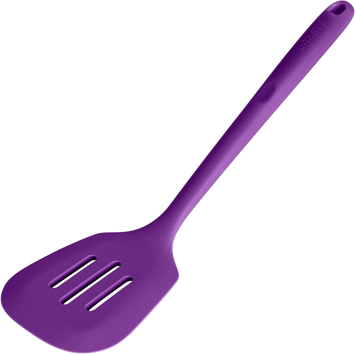 600ºF Heat Resistant Slotted Turner: U-Taste 13.6in Silicone Kitchen Spatula Flipper, 3.74in Wide Food Grade Flexible Thin Rubber Cooking Utensil for Egg, Pancake, Cookie in Nonstick Cookware (Purple)