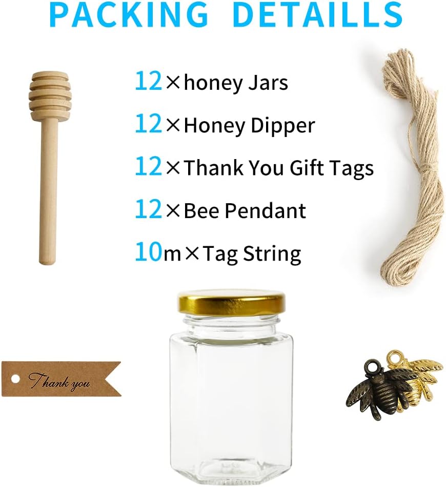 12 Pack 4oz Glass Hexagon Honey Jars Golden Lids - Extra Wooden Honey Dipper Sticks, Bee Charms, Tag String, Thank You Gift Tags, Wedding Favors Gifts, Baby Shower Party Canning Jar(Golden)