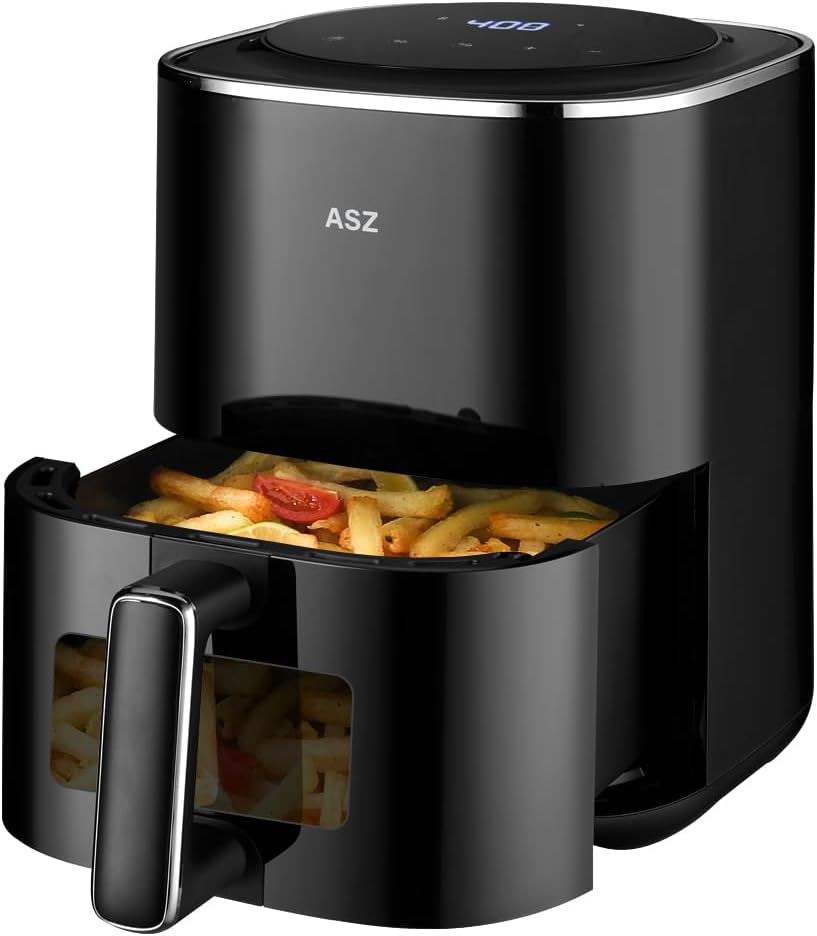 ASZ Digital Air Fryer 4.5qt with Window - Small Airfryer 8 Presets Bake Toast Broil Reheat Bacon - Black 400°F Airfryer 85% Oil Less,Nonstick Dishwasher-Safe Parts, Automatic Shutoff, Kitchen Gift