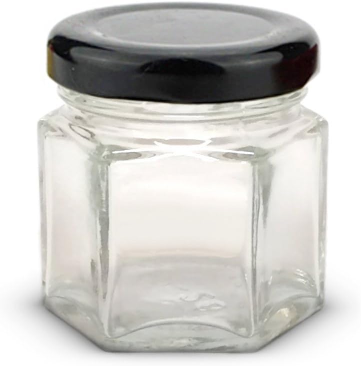 1.5 oz Hexagon Mini Glass Jars with BLACK Lids and Labels (Pack of 24)