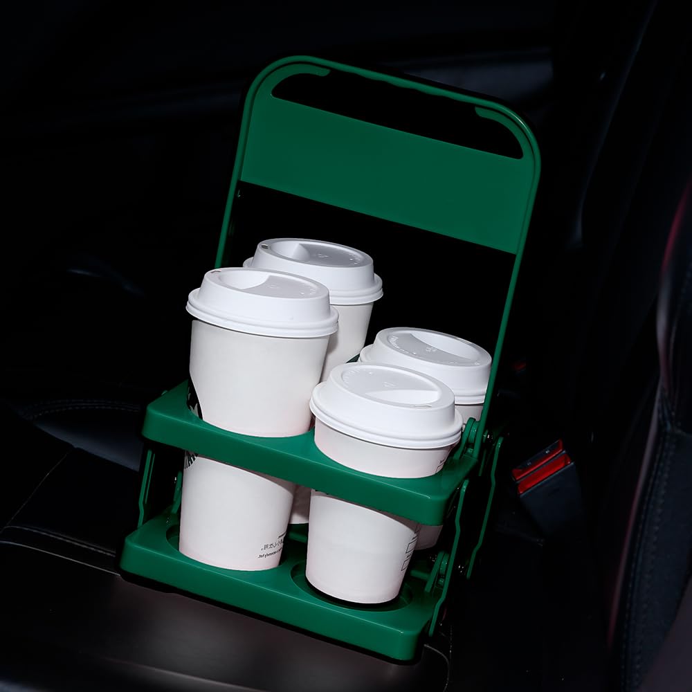 Bodaon 4 Cup Drink Carrier with Handle, Plastic Cup Carriers for Drinks, Drink Holder for Car, GrubHub/Eats Doordash Accessories, Portable Foldable Reusable Mobile, Use for Food Delivery Bag, Green