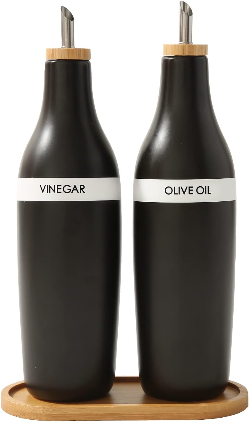 HOMCDALY Olive Oil and Vinegar Dispenser Set, Two 16oz Ceramic Oil Dispenser for Kitchen, Kitchen Dispenser Bottle for EVOO Vinegar Syrups, Modern Farmhouse Design| Set of 2 – Black